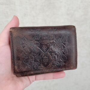 Faded Glory Vintage Brown Leather Wallet with Crest Dueling Dragons Embossed